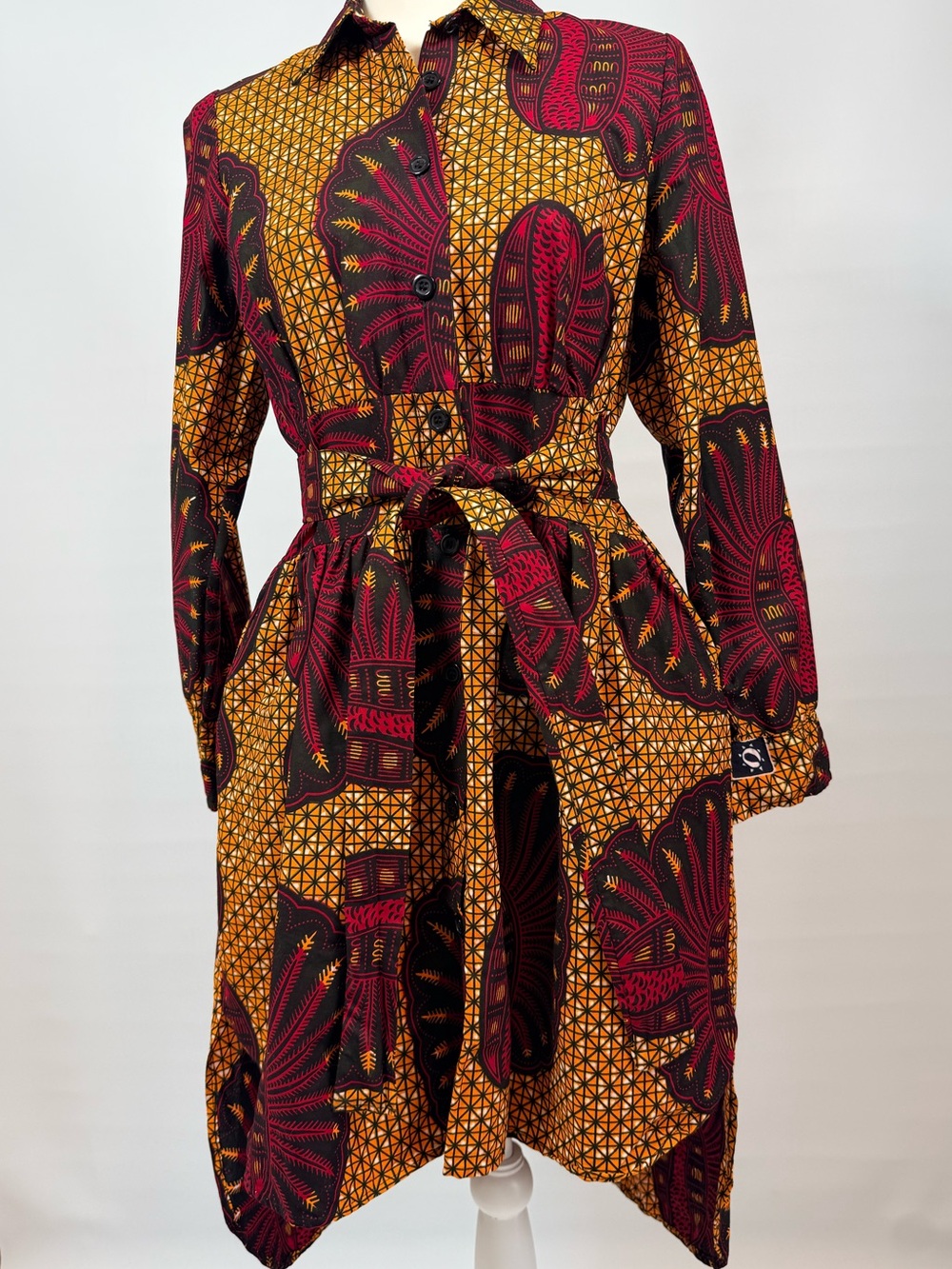 Grass-Fields Ankara African Belted Shirt Dress Long Sleeve Pockets Boho Size 10 - Picture 3 of 14